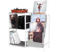 HYCFYJR Rangement Tourne Disque, Meuble Platine Vinyle avec Range Vinyle à 3 Niveaux et Now Playing Support, Meuble Tourne Disque pour Le Salon, Gris et Blanc