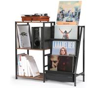 HYCFYJR Rangement Tourne Disque, Meuble Platine Vinyle avec Range Vinyle à 3 Niveaux et Now Playing Support, Meuble Tourne Disque pour Le Salon, Marron