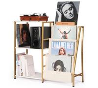 HYCFYJR Rangement Tourne Disque, Meuble Platine Vinyle avec Range Vinyle à 3 Niveaux et Now Playing Support, Meuble Tourne Disque pour Le Salon, Or Blanc
