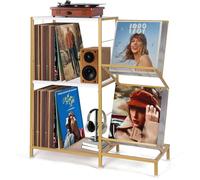 HYCFYJR Tourne Disque Support, Meuble Platine Vinyle avec Range Vinyle à 2 Niveaux et Cadre Métallique, Rangement Tourne Disque Le Salon, Or Blanc