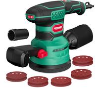 HYCHIKA 450W Ponceuse Orbitale, Six Vitesses de 6000 à 12000 OPM, Système de Dépoussiérage Efficace, Papier de Verre à 8 trous 20PCS, idéal pour le Ponçage des Produits en Bois et plus encore