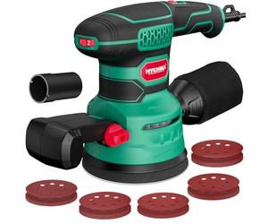 HYCHIKA 450W Ponceuse Orbitale, Six Vitesses de 6000 à 12000 OPM, Système de Dépoussiérage Efficace, Papier de Verre à 8 trous 20PCS, idéal pour le Ponçage des Produits en Bois et plus encore
