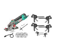 HYCHIKA 500W Mini Scie Circulaire, 4500RPM, Profondeur de coupe: 0-25mm, Moteur en Cuivre Pur & Amazon Basics Serre-joints une main Lot de 6-2 pièces 10,16 cm, 4 pièces 15,24 cm, Noir/Gris