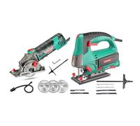 HYCHIKA 500W Mini Scie Circulaire, 4500RPM, Profondeur de coupe: 0-25mm & Scie Sauteuse 800W, HYCHIKA 800-3000SPM, 6 Vitesses Réglables, 4 Modes de Coupe, Angle d'inclinaison ±45 °, 6 Lames