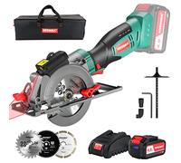 HYCHIKA Scie Circulaire Sans Fil 18V, 4.0Ah Li-ion Batterie 3500RPM Petite Scie Circulaire, 3 Lames(115 et 125mm), Guide Laser, Max Profondeur de Coupe 48mm(90°), 32mm(45°) pour Couper du Bois Métal