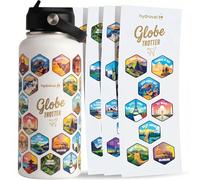 HYDRAVEL - Gourde isotherme Globe Trotter avec 50 autocollants des plus beaux endroits du monde - Excellente idée cadeau pour les voyageurs - 1 L, acier inoxydable, boissons chaudes pendant 12h