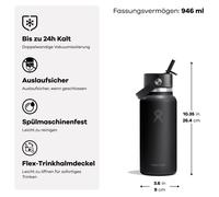 Hydro Flask - Gourde isotherme à large ouverture avec bouchon flexible à paille, 32oz, couleur noire
