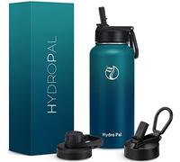 HydroPal Gourde en acier inoxydable - 750 ml, 1 l, 1,2 l, sans BPA, convient aux boissons gazeuses, bouteille isotherme avec paille et 2 couvercles, anti-fuites, pour le sport (vert/vert foncé, 1000