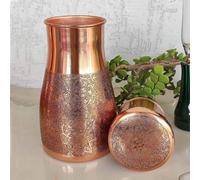 HYGGE Carafe de chevet en cuivre pur gaufré foncé avec gobelet, carafe d'eau de 1 L pour la maison, le yoga et l'Ayurveda