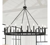 HYJAUSXB Lustre Rustique Noir Rond en Forme de Roue de Chariot, 12 ou 24 lumières, avec chaîne réglable, pour Hauts plafonds, Salon, Salle à Manger, Hall d'entrée, 12 têtes