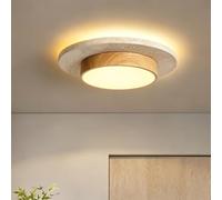 HYKISS Plafonnier En Pierre Jaune Naturelle De Style Wabi-sabi LED 28 Watts Plafonnier Rond Imitation Bois Ultra-fin (4 Cm) Idéal Pour Les Couloirs Les Entrées Les Chambres Et Les Passages