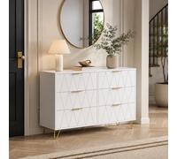HYNHXBP Commode 6 Tiroirs Blanche, Meuble de Rangement 100 x 34 x 72,5 cm avec Poignées Dorées et Pieds Métalliques, Commode Moderne Design Géométrique pour Chambre, Salon, Entrée, Bureau