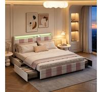 HYNHXBP Lit Coffre 140x190 avec Éclairage LED et Ports USB - Lit tirors Rembourré avec Sommier,Chevet avec Rangement pour Adultes et Adolescents (Rose Blanc, 140 x 200 cm)