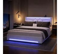 HYNHXBP Lit Coffre 140x200 cm avec LED RGB et Station de Charge USB, Lit Double Rembourré avec Sommier à Lattes, Tête de Lit Réglable, Grand Espace de Rangement, Cadre de Lit en Métal, Blanc,Lin