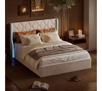 HYNHXBP Lit Coffre 160x200 cm avec LED RGB, Lit Double rembourré en Velours Beige, Grand Espace de Rangement hydraulique, Tête de lit capitonnée, sommier à Lattes en Bois et Cadre métallique