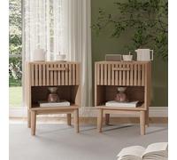 HYNHXBP Lot de 2 Tables de Chevet Effet 45 x 35 x 55 cm, Tables de Nuit avec Tiroir et Compartiment Ouvert, Façade à Lattes, Poignée en Bois, Pieds en Bois Massif, Chevet Chambre Salon
