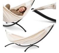 HyperMotion Hamac Set avec Armature Arc en Métal, Cadre Acier Peint en Poudre 300x100x96 cm, Tissu 50% Coton et 50% Polyester 200x150 cm, Beige, 100 kg