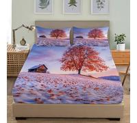 Hypoallergénique Drap Housse en Microfibre 200x200x30 cm Automne Et Hiver Soleil Maison en Bois Feuilles D'éRable Dessus de lit aux Rides Drap-Housse Bleu-Violet Ensembles de literie 2 Personnes Lit