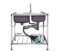 HYSOPSPX Évier Commercial en Acier Inoxydable avec Robinet d'eau Chaude et Froide, 2 bacs, égouttoir et étagères de Rangement, Lave-Mains extérieur autoportant pour Garage, Restaurant