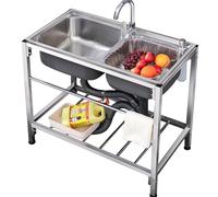 HYSOPSPX Évier Utilitaire extérieur en Acier Inoxydable à Double cuve, autoportant, avec Robinet d'eau Chaude et Froide, idéal pour la buanderie, Le Garage, Un café ou Un Bar.