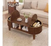 HYTKKBD Table Basse Ovale avec Rangement Caché, Table de Salon en Bois avec 2 Compartiments de Stockage à Rabat, Étagère Ouverte et Design Cannelé, Table Basse Moderne pour Bureau ou Appartemen