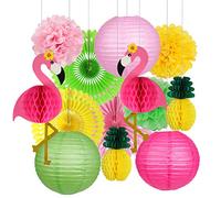 HYTROVE Set de Lanternes en Papier Tropicales Décoration Créative Facile à Installer Lot de 13 Boules Nid D'abeille Flamant Rose et Ananas pour Fête Multi-scènes