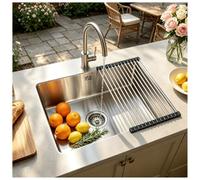 HZKSINNK 55 x 40 cm en acier inoxydable - 1 bac argenté - Petit évier de cuisine encastrable avec robinet, grille d'écoulement, kit d'écoulement, évier encastré, rectangulaire, montage encastré ou en