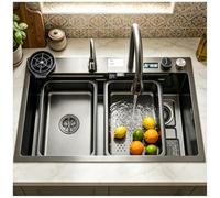 HZKSINNK Évier de cuisine, cascade, 90 x 50 cm, 1 bac noir, multifonction, en acier inoxydable, avec robinets extensibles, planche à découper, siphon, kit de trop-plein et d'écoulement - Accessoires
