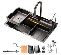 HZKSINNK Évier de cuisine multifonction - Évier intelligent à cascade - Grand évier simple cuve en acier inoxydable avec robinet extractible à 360°, siphon et kit de vidange(Black#C01,80x45cm)