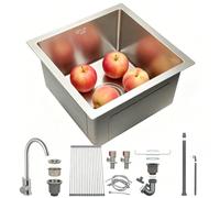 HZKSINNK Évier en acier inoxydable 38 x 38 cm, bac simple avec tapis d'égouttement enroulable, surface brossée, évier encastrable, facile d'entretien, évier pour la cuisine (argent-#d, 38 x 38 cm)