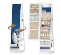 Hzuaneri Armoire à bijoux 16 LEDs, Blanc et Beige | organisateur de bijoux sur pied avec base rotative à 360°, miroir verrouillable sur toute la longueur, JC16003BE