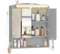 Hzuaneri Armoire Murale Salle de Bain avec Miroir et LED, Meuble de Salle de Bain, Prise et Interrupteur, avec Étagère Réglable, Support Sèche-Cheveux, Gris 16,5 x 60 x 68,5 cm MC10027XEU