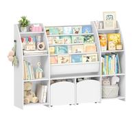 Hzuaneri Bibliothèque Enfants Porte-journaux, 30 x 140 x 100 cm, Blanc | Meuble rangement enfant, étagère à jouets, 3 colonnes, 4 étagères, pour chambre d'enfant salon bureau, KB13003W