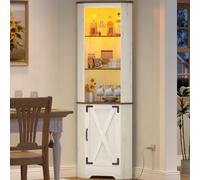 Hzuaneri Buffet, Meuble d’Angle à LED, Meuble de Rangement | Armoire Haute, avec Étagères en Verre et Portes, Cuisine, 39 x 56,5 x 180 cm, Blanc Rustique et Marron Miel SC30014XEU