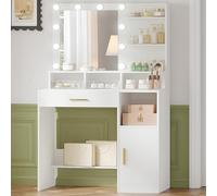 Hzuaneri Coiffeuse avec Miroir, Coiffeuse avec Miroir LED, Dressing Table de Maquillage avec 3 étagères et 4 Compartiments Ouverts, avec Grand Tiroir et Armoire, Blanc VT08103X