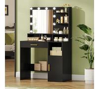 Hzuaneri Coiffeuse avec Miroir et 10 Lumières LED, Vanité De Maquillage avec 3 Étagères et 4 Compartiments Ouverts, Coiffeuse avec Grand Tiroir et Armoire, 3 Luminosités Réglables, Noire VT08106X