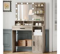 Hzuaneri Coiffeuse avec Miroir et 10 lumières LED, vanité de Maquillage avec 3 étagères et 4 Compartiments Ouverts, Coiffeuse avec Grand tiroir et Armoire, 3 luminosités réglables, Grège VT08105X
