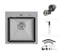 iAnomla Petit Évier Cuisine, Inox Noir 45x45, 1 Bac, Carré, 2 Trous Robinet | Encastrable, Panier Passoire, Kit de Trop-Plein, Distributeur de Savon, 1 Bac Carré, 2 Trous, Acier Inox, 45x45, Noir, Petit
