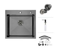 iAnomla Petit Évier Cuisine, Inox Noir 50x50, 1 Bac, Carré, 2 Trous Robinet | Bonde Panier, Kit de Trop-Plein, Distributeur de Savon, Cuve Simple, Acier Inox, 1 Bol, pour Petites Cuisines, 2 Trous, Noir