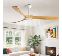 IBalody Ventilateur de Plafond en Bois Massif sans lumière, télécommande, 6 Vitesses, Silencieux, 3 pales, Moderne, pour Chambre, Salon, Ferme, Porche