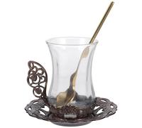 ibasenice Ensemble 1 Set de Tasses à Café en Verre avec Cuillère et Soucoupe, Design Simple et Lignes Élégantes, Alliage D'aluminium et Verre, pour Servir Café ou Thé