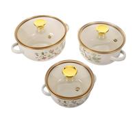 ibasenice Ensemble de 3 mini-cocottes en émail avec couvercles en verre, bols à soupe à double anse pour la cuisson sur la plaque de cuisson, vaisselle émaillée à motif floral pour sauces et