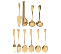 ibasenice Ensemble de couverts de service Golden Public en acier inoxydable - Fourchettes, cuillères à égoutter, louche, pinces, pelle à gâteau - Couverts réutilisables pour anniversaire,