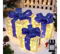 iBaycon Coffrets Cadeaux Lumineux De Noël,Blanc Chaud Lot De 3 Bleu | 140 Leds Coffrets Cadeaux Avec Minuterie Prise de Courant,Décorations De Noël ,Éclairage d'Extérieur Jardin Pelouse Cour