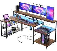 Ibenzoa® Bureau de jeu en forme de L, 181x80 cm, idéal pour le gaming et le télétravail, avec éclairage LED RGB, support pour moniteur, 3 prises AC + 2 ports USB (pour jusqu'à 6 appareils), fabriqué e