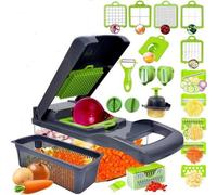 Ibenzoa® : Ensemble de coupe-légumes 22 en 1 – Mandoline avec un récipient de récupération de 1,2 L, un panier égouttoir, 12 lames en acier inoxydable et 2 spiralisateurs, en ABS sans BPA