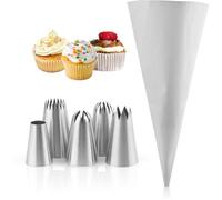Ibenzoa® Kit de décoration pour gâteaux – 5 douilles en acier inoxydable de haute qualité et un sac à douille en coton de 40 cm (réutilisable, compatible lave-vaisselle) pour les gâteaux, les cupcakes