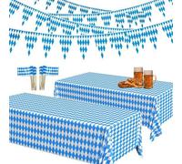 Ibenzoa® Kit de décoration pour l' – design bavarois bleu et blanc, comprenant : 2 nappes de 274 x 137 cm, 10 mètres de guirlande de fanions (20 fanions), 50 pics à brochettes décoratifs, en PE, imper