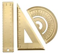 Ibenzoa® Kit de géométrie en laiton – Ensemble de 3 instruments de dessin et de mesure en doré (règle à vagues de 12 cm, équerre de 180°, triangle à onglet), 1,5 mm