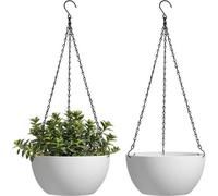 Ibenzoa® : Lot de 2 pots suspendus, blancs, diamètre 25 cm, en plastique, pour intérieur et extérieur, avec chaînes, trous de drainage et bouchon amovible, capacité de charge de 6 kg par support (3 su